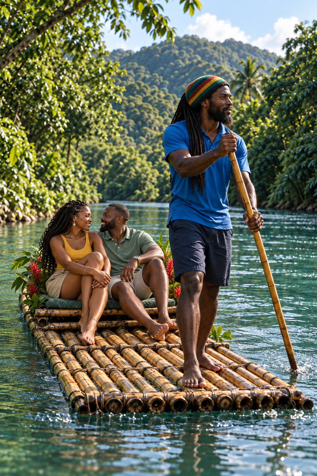 A raft guide leading a couple along a lush Jamaican river