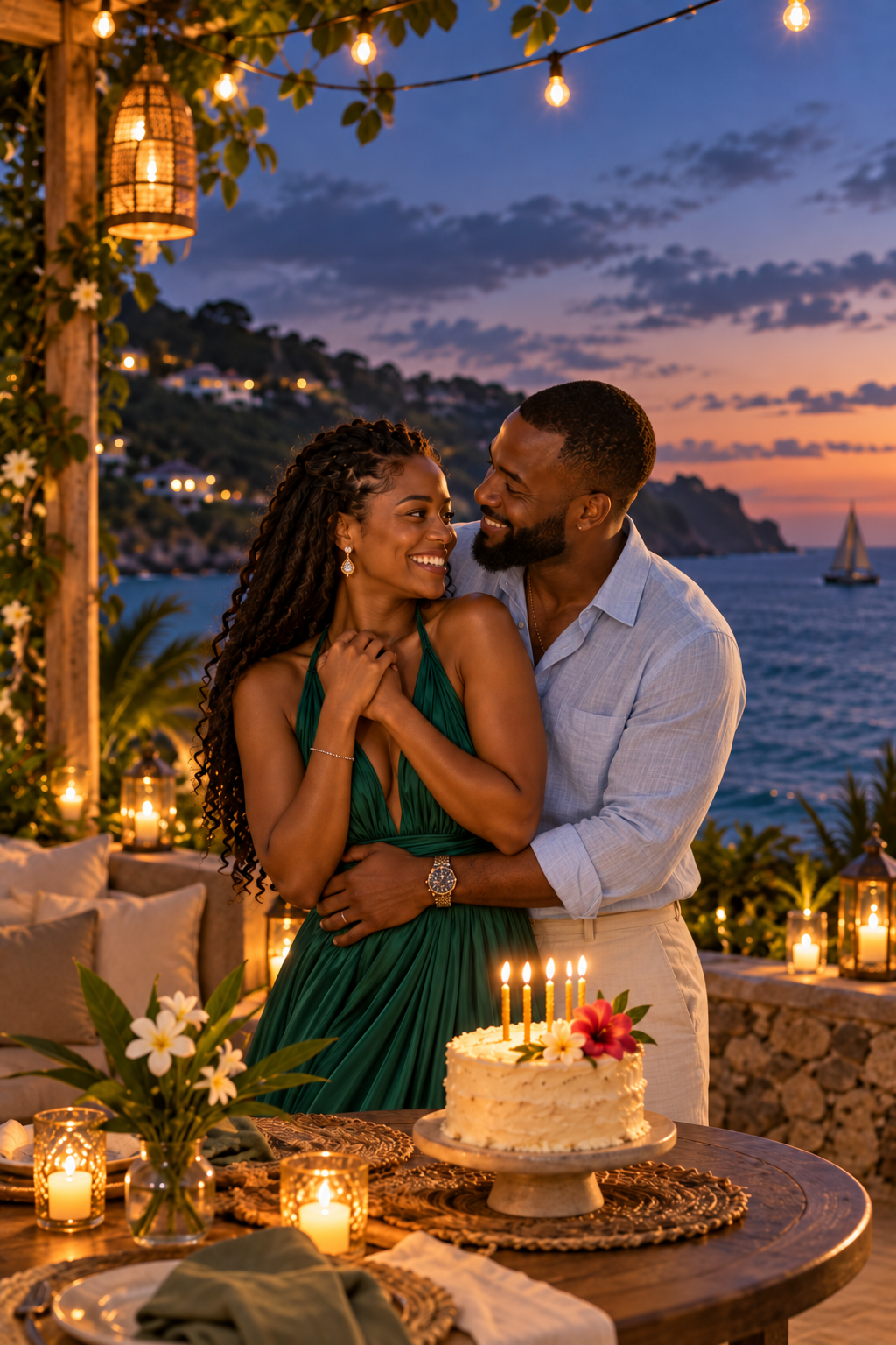 A couple sharing a romantic private birthday celebration