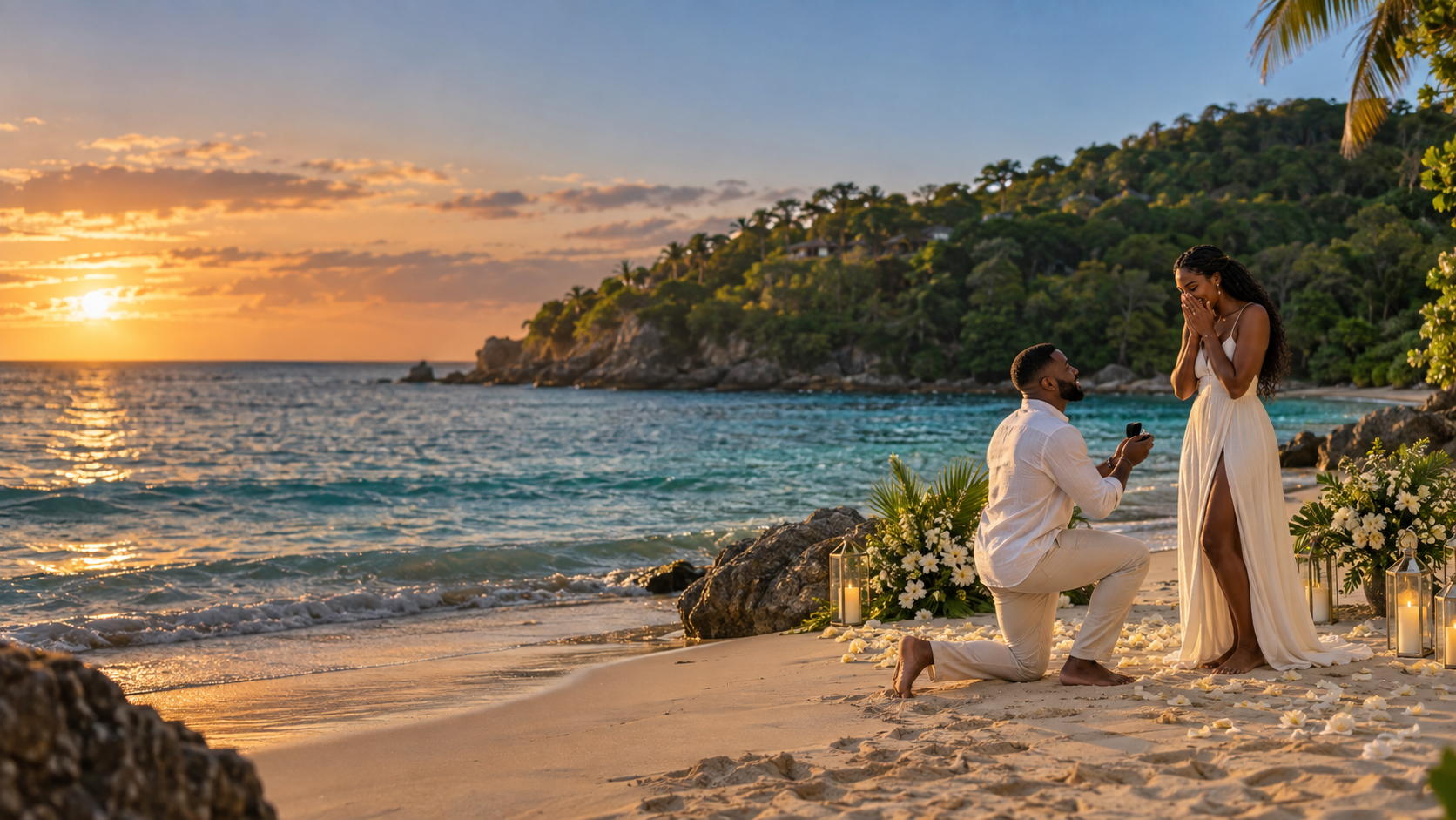 A joyful beach proposal in Jamaica at sunset