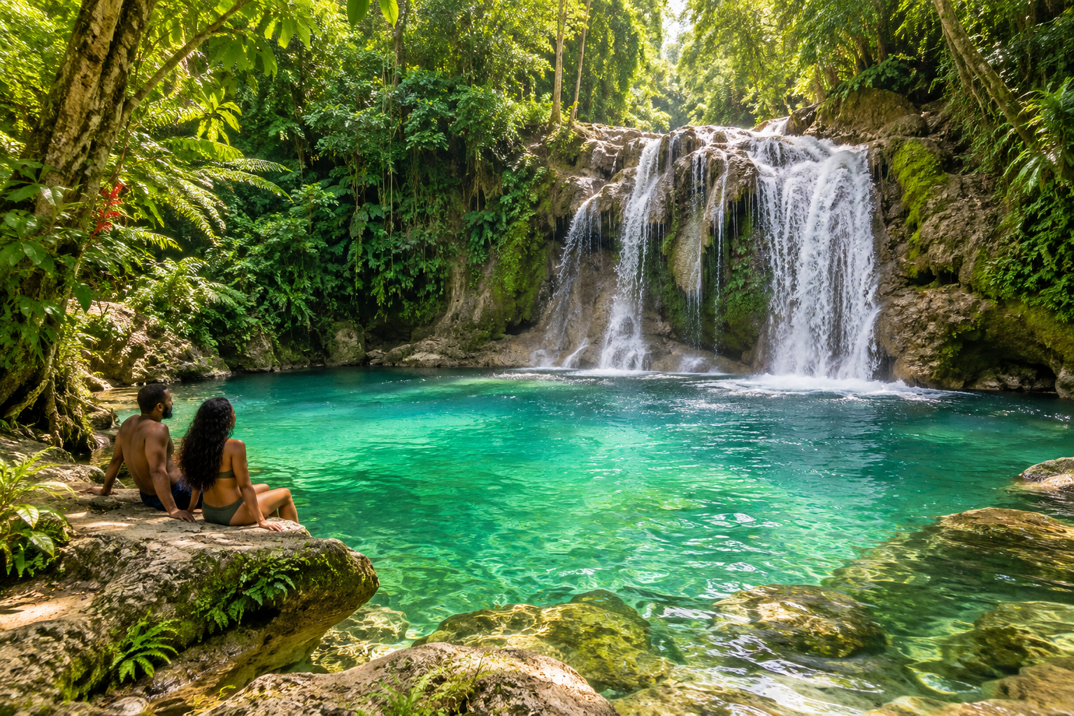 A lush tropical waterfall and clear natural pool in Portland