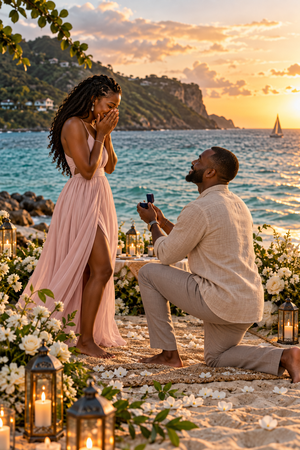 A joyful surprise proposal beside the sea