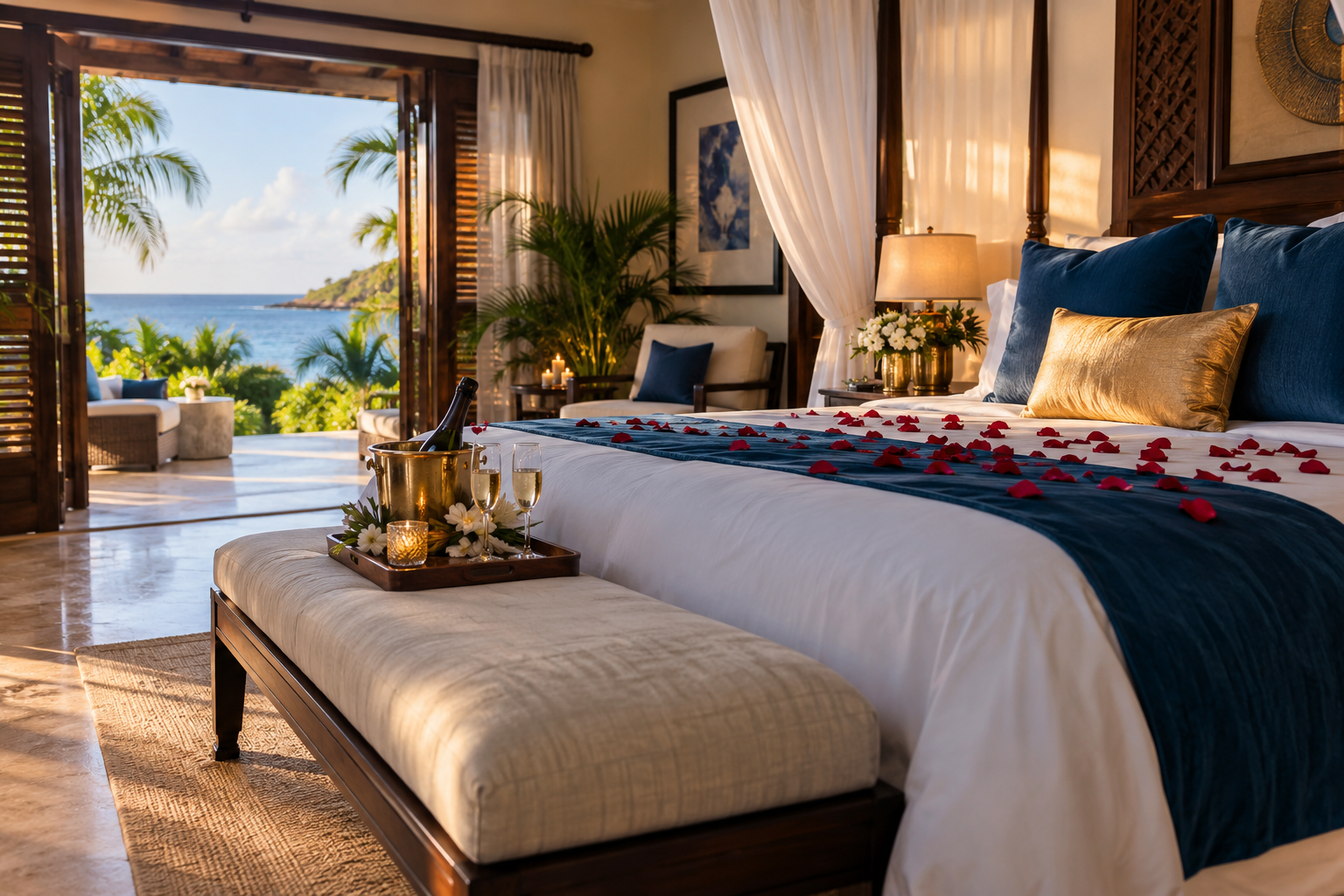 An elegant romantic room prepared with champagne and flowers